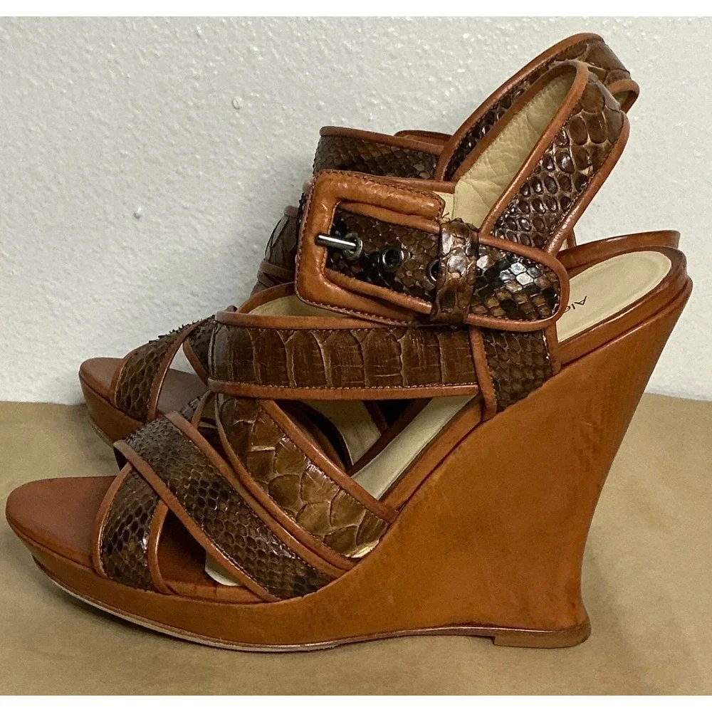 Alexandre‎ Birman Snakeskin Strappy Wedge Sandals Brown Leather Heels